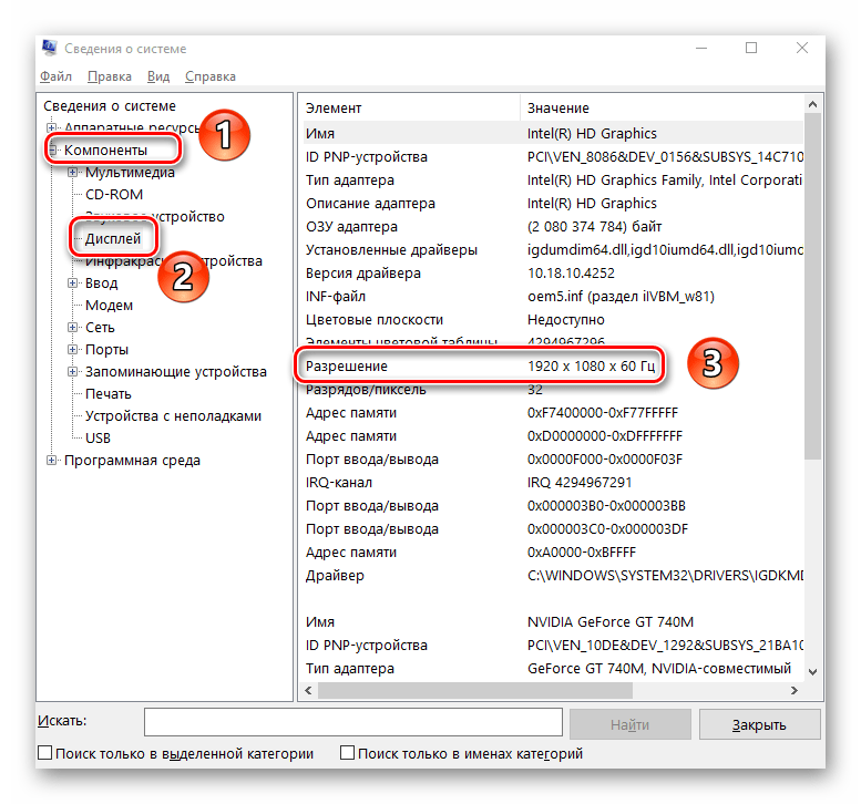 Отображение текущего разрешения экрана в утилите Сведения о системе Windows 10