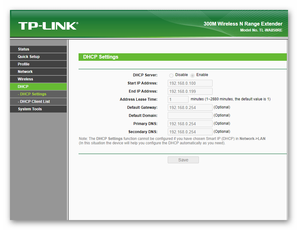 Информация о DHCP-сервере при настройке усилителя TP-Link TL-WA850RE v1.2