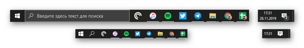 Сравнение размеров панели задач - большой и маленькой - в ОС Windows 10
