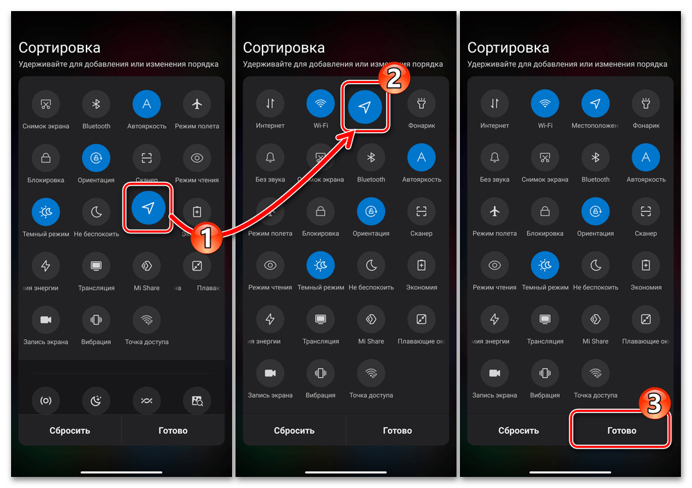 Xiaomi MIUI выбор расположения и закрепление кнопки включения и отключения функции Местоположение в панели быстрого доступа (системной шторки) ОС девайса