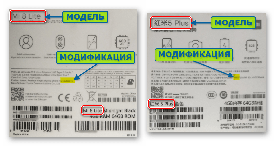 Xiaomi модель и модификация смартфона на этикетке упаковки устройства