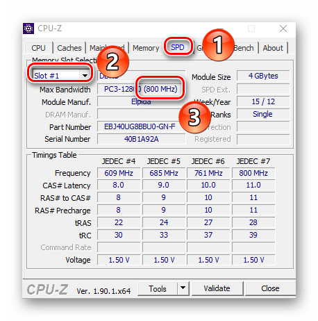 Определение значения Max Bandwidth в утилите CPU-Z для Windows 10