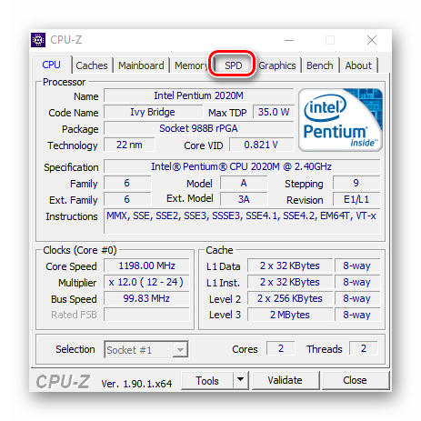 Переход во вкладку SPD в утилите CPU-Z Windows 10