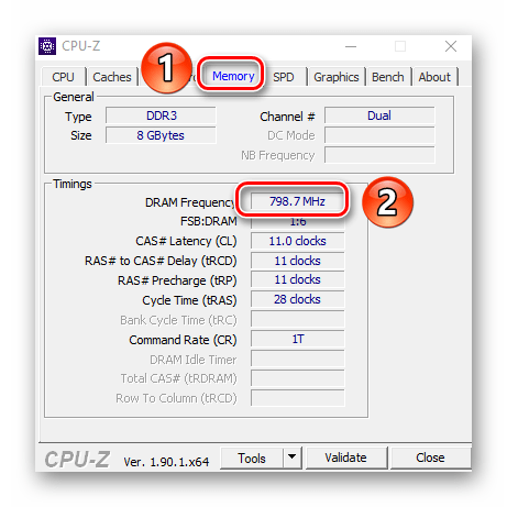 Общая информация об оперативной памяти в разделе Memory в утилите CPU-Z