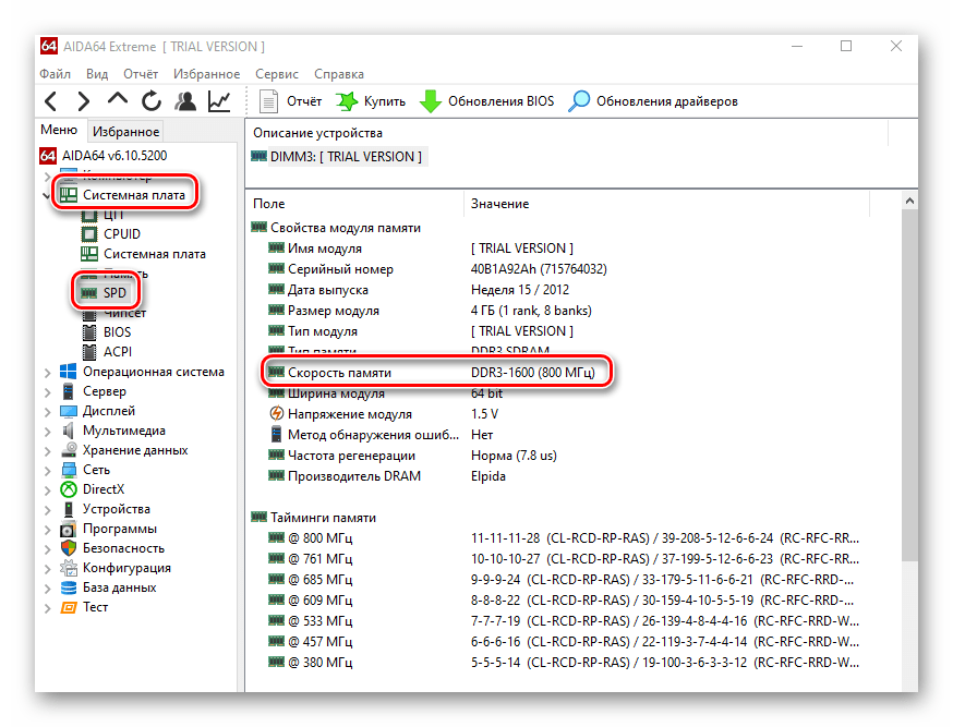 Информация о частоте ОЗУ в программе AIDA64 в Windows 10