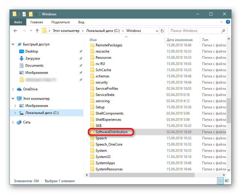 Переход в папку SoftwareDistribution в Windows 10