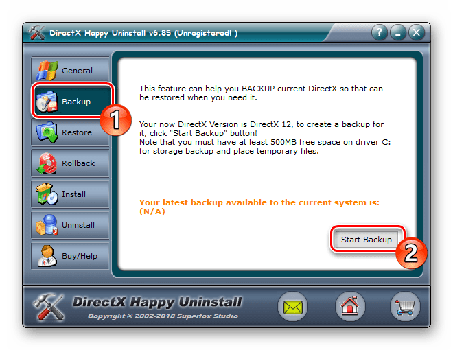 Создать резервную копию в программе DirectX Happy Uninstall