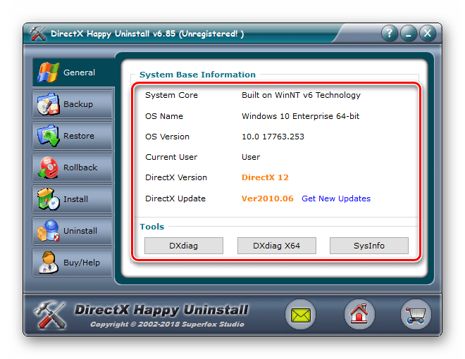 Информация в программе DirectX Happy Uninstall
