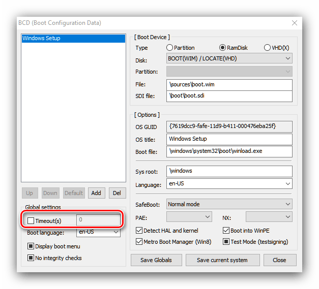 Отключить таймаут загрузчика установки Windows 10 по сети в Bootice