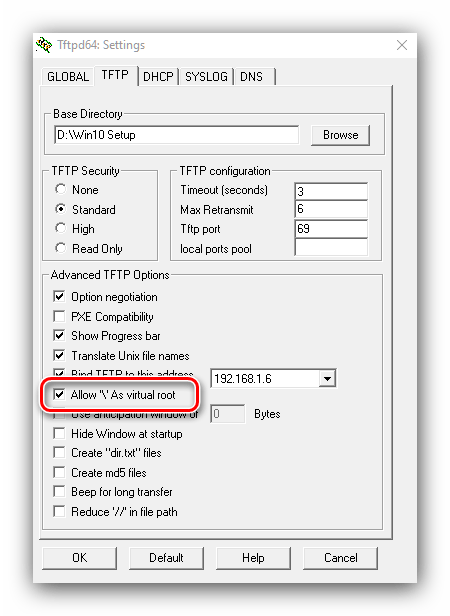 Установить установочный каталог как корень в Tftp для настройки сервера установки Windows 10 по сети