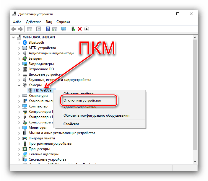 Выключить устройство-камеру на ноутбуке с Windows 10 через диспетчер