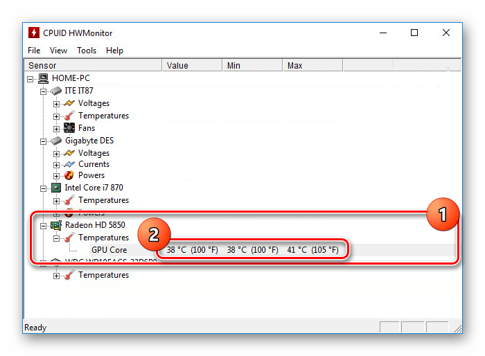 Просмотр температуры видеокарты в HWMonitor в Windows 10