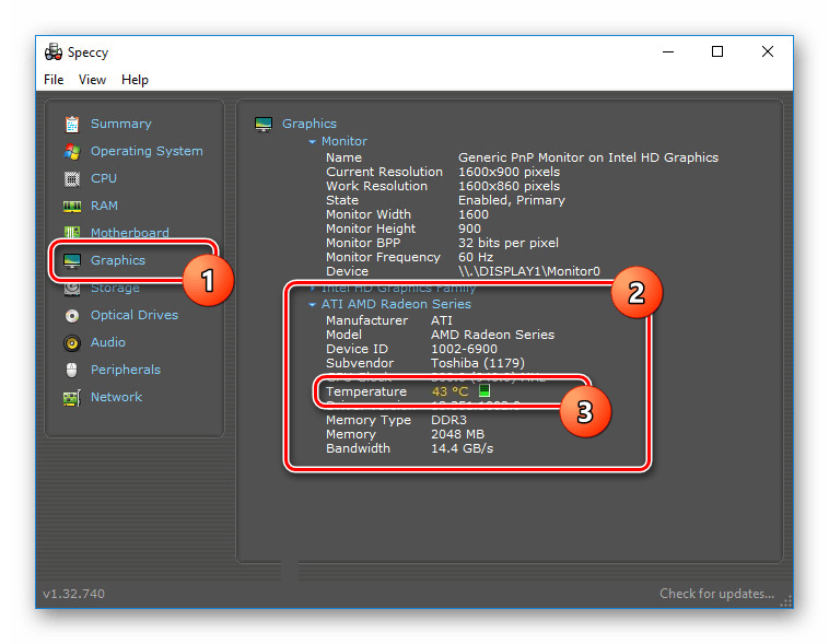 Температура видеокарты в Piriform Speccy в Windows 10