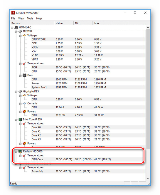 Просмотр информации в HWMonitor в Windows 10