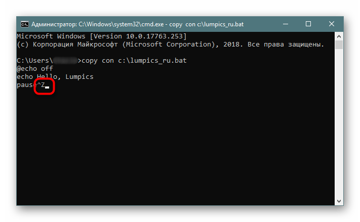 Ввод команд для созданного BAT-файла через Командную строку в Windows 10