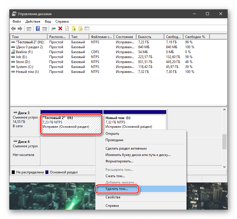 Удаление раздела с накопителя в оснастке Управление дисками в Windows 10