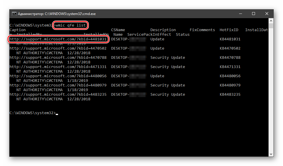 Просмотр адреса страницы с описанием пакета обновления в Командной строке Windows 10
