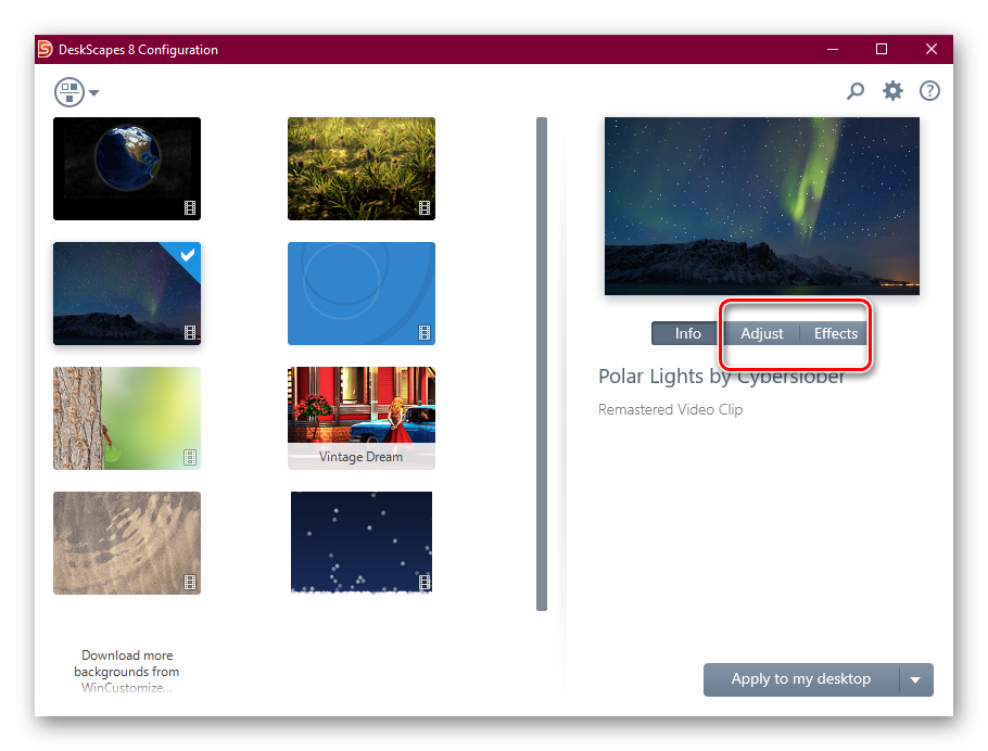 Изменение позиционирования и наложение эффектов на обои в DeskScapes