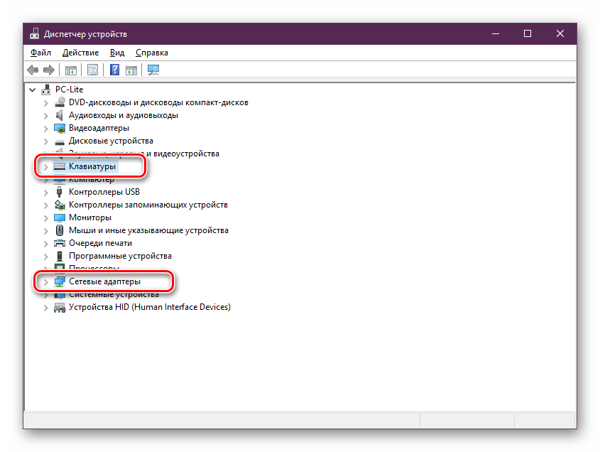 Клавиатуры и сетевые адаптеры в Windows 10