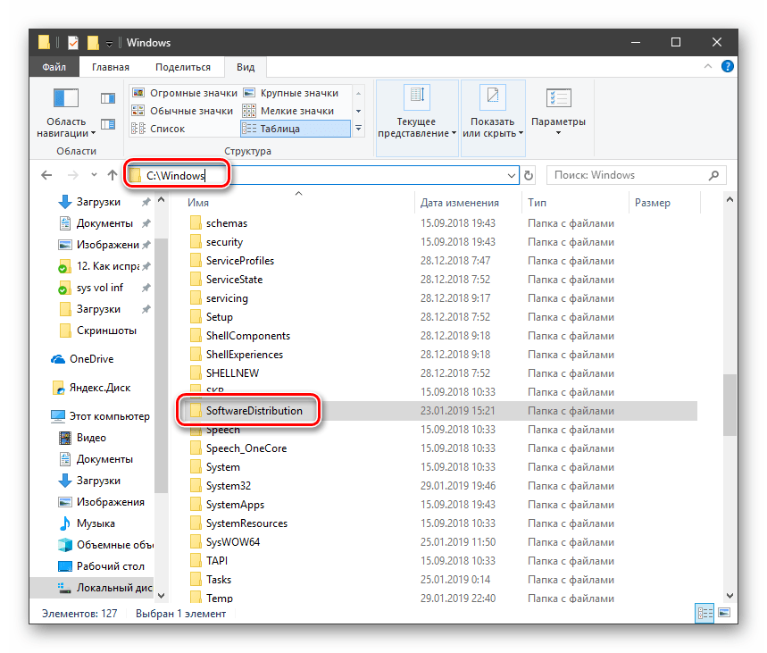 Переход в системную папку SoftwareDistribution в Windows 10