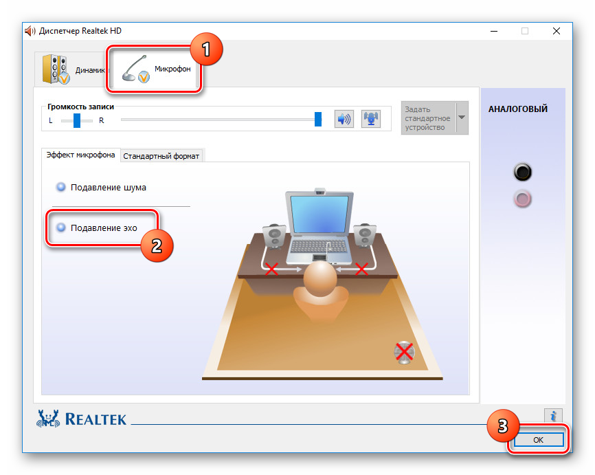 Подавление эхо через Диспетчер Realtek в Windows 10