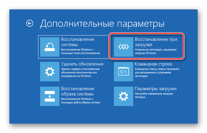 Переход к средству восстановления при загрузке в среде восстановления Windows 10