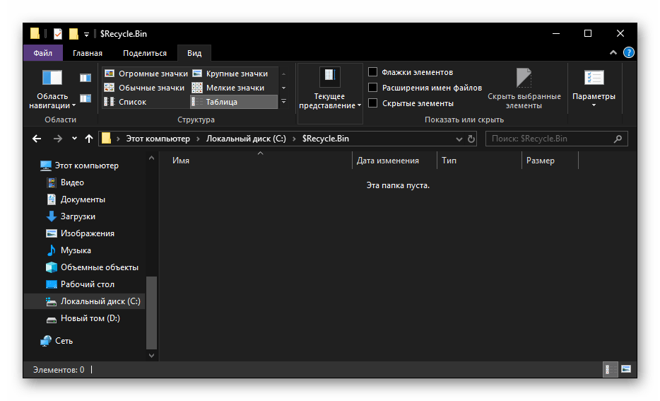 Пустая папка Корзины на системном диске в Windows 10