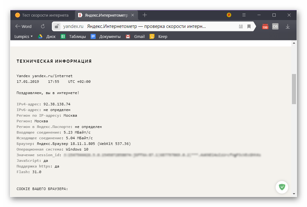 Дополнительная информация на сервисе Яндекс Интернетометр в Windows 10