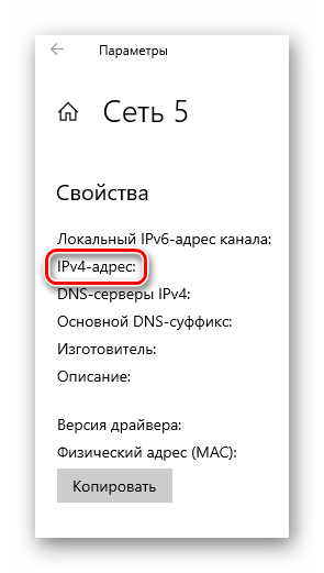 Строка с указанием IP адреса сети в Windows 10