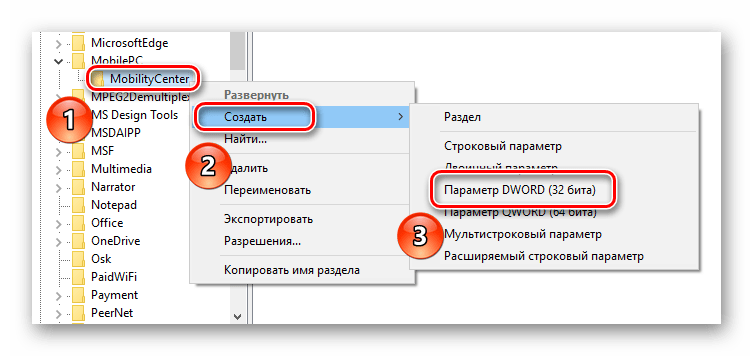 Создаем новый параметр в папке MobilityCenter в реестре