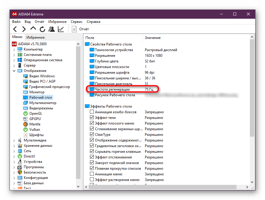 Просмотр текущей частоты обновления экрана в AIDA64