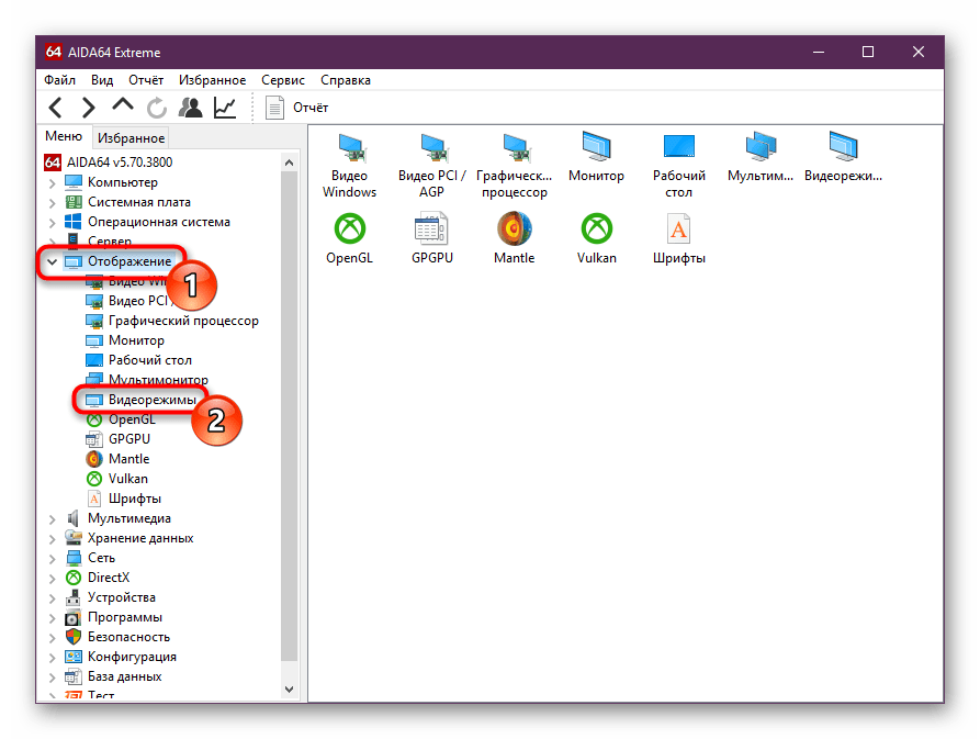 Переключение на вкладку Видеорежимы в AIDA64