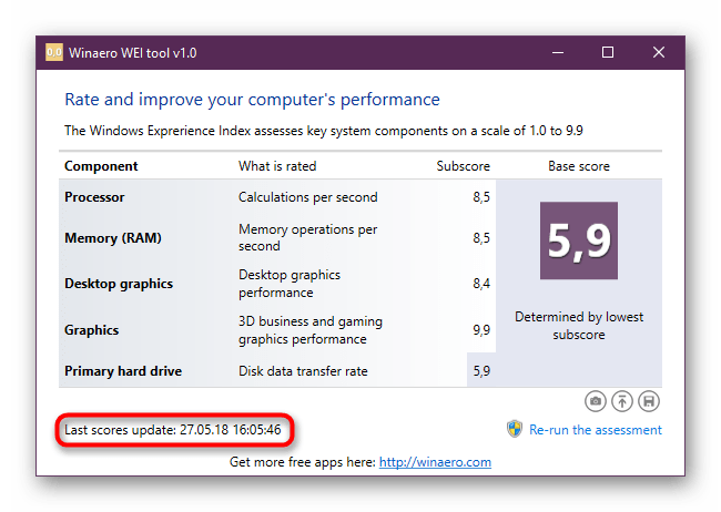 Дата последнего тестирования компьютера на производительность в Winaero WEI Tool