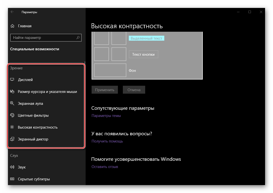 Специальные возможности (зрение) в параметрах высокой контрастности ОС Windows 10