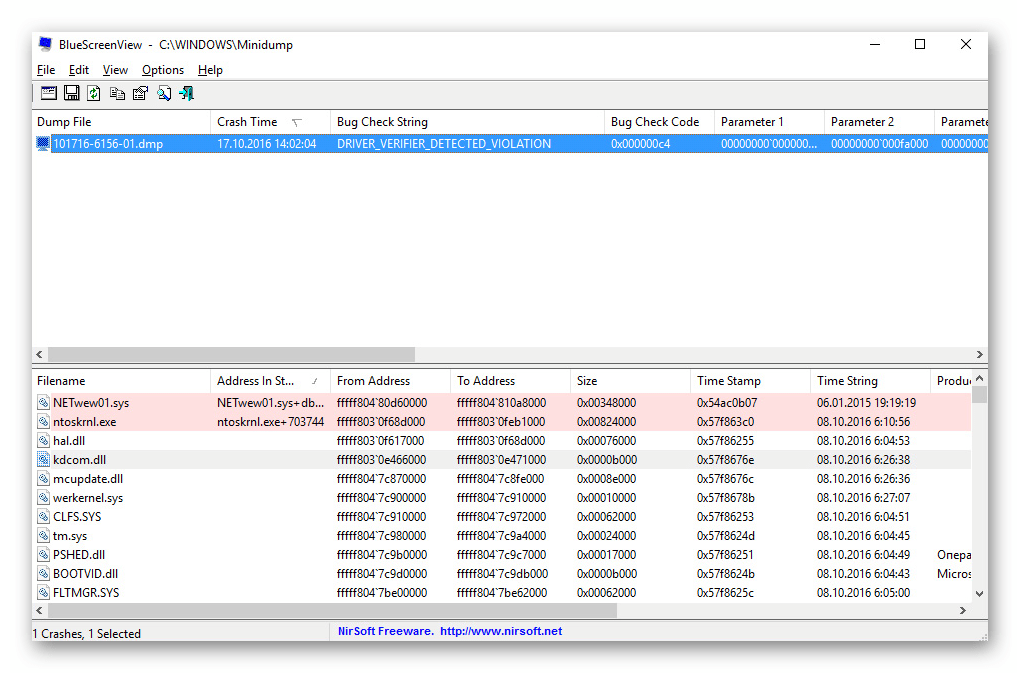 Открытие дампа с помощью программы BlueScreenView в Windows 10