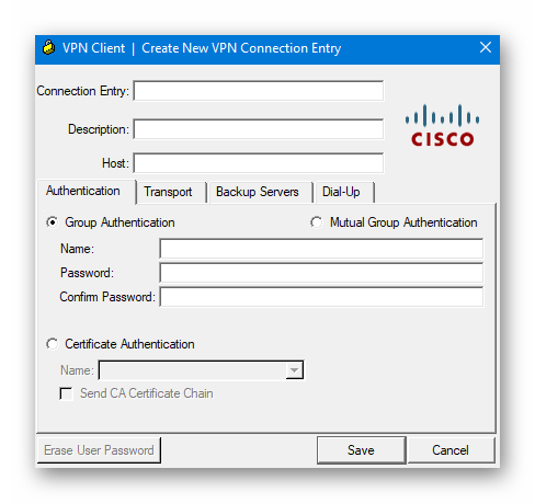 Окно настроек подключения Cisco VPN