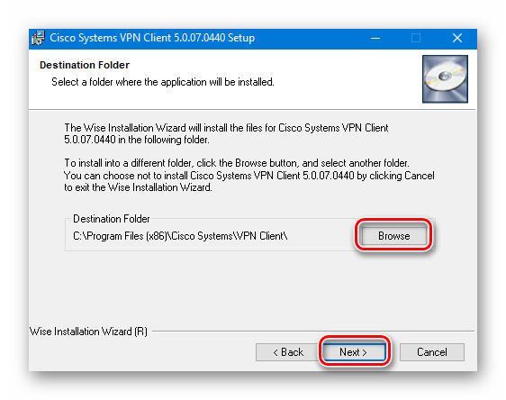 Указание пути установки для Cisco VPN в Windows 10