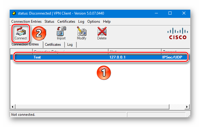 Кнопка соединения с выбранным подключением в Cisco VPN