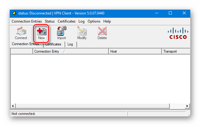 Создание нового подключения в Cisco VPN Client