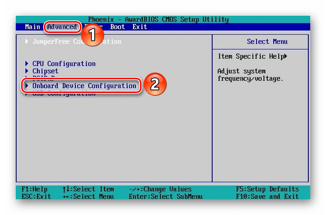 Переход в раздел Onboard Device Configuration в БИОСе