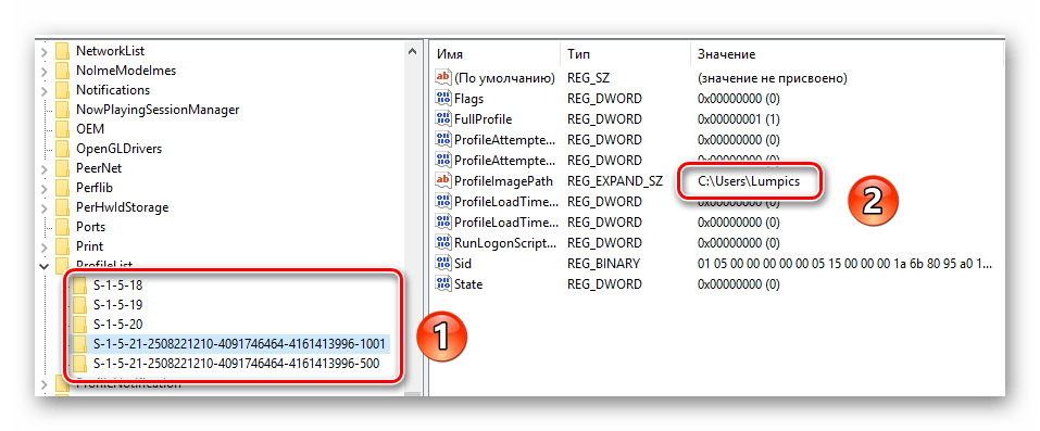 Находим нужный каталог в папке ProfileList на Windows 10