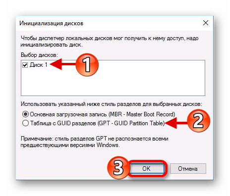 Настройка инициализации жесткого диска в Windows 10