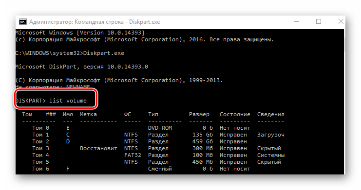 Просмотр всех логических томов через DISKPART в Виндовс 10