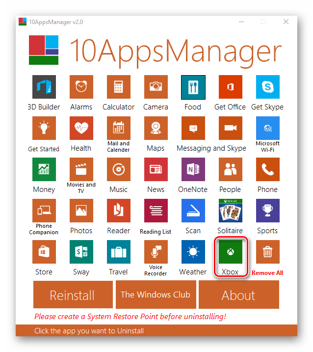 Удаление Xbox с помощью 10AppsManager
