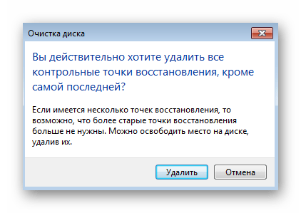 Подтверждение удаления точек восстановления при проблемах с их работой в Windows 7