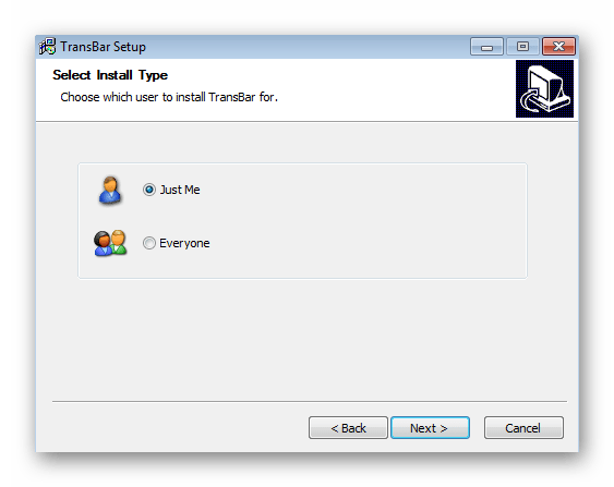 Выбор пользователей для доступа к программе TransBar в Windows 7 при настройке прозрачности панели задач