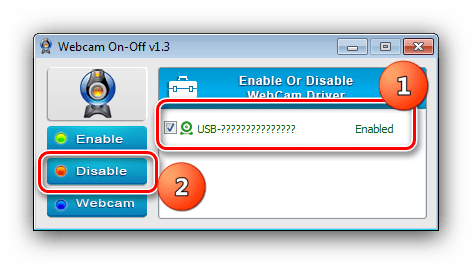 Выполнить действие для отключения вебкамеры на Windows 7 через Webcam On-Off
