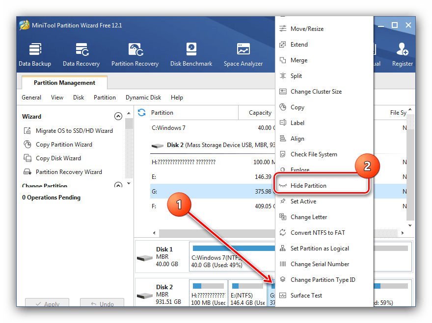 Выделить нужный накопитель для скрытия дисков в Windows 7 в MiniTool Partition Wizard