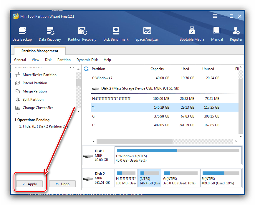 Начать операцию скрытия дисков в Windows 7 в MiniTool Partition Wizard.