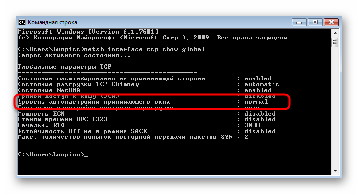 Просмотр глобальных параметров протокола в консоли в Windows 7